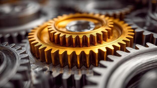 Interlocking golden and silver gears working together in a mechanical system representing precision engineering and industrial technology collaboration photo