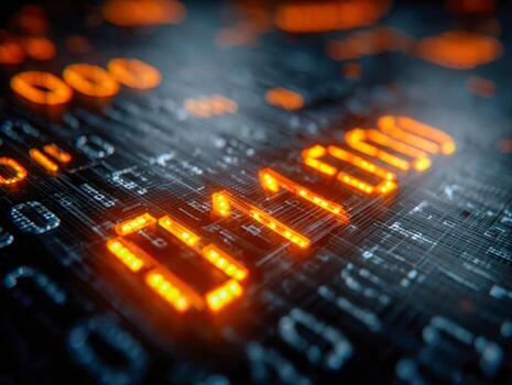 Futuristic digital countdown timer glowing in orange on a high-tech circuit board background with a sense of urgency and advanced technology concept photo