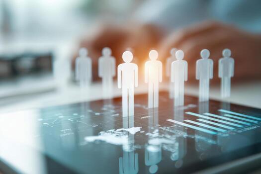 Digital representation of business team and global data analytics displayed innovatively on a futuristic tablet screen with focus on leadership and human resources concep photo