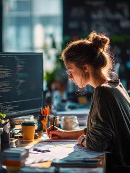 Focused female programmer working on code at a cluttered desk in a bright office environment photo