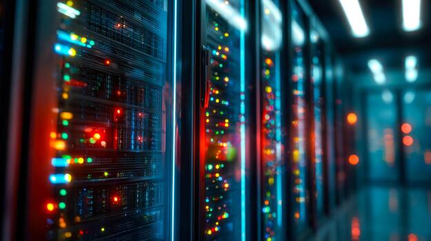 Modern data center with illuminated server racks and colorful led indicators photo