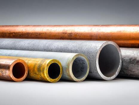 Array of colorful metallic pipes with varied sizes and textures displayed against a neutral background photo