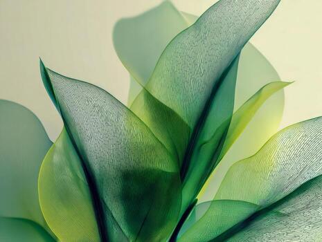Delicate abstract green and yellow translucent flowing shapes resembling leaves or petals with intricate vein patterns against a soft neutral background photo