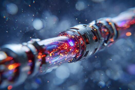 Futuristic glowing fiber optic cable transmitting vibrant data signals through transparent segments in a high-tech digital environment with blue bokeh background photo