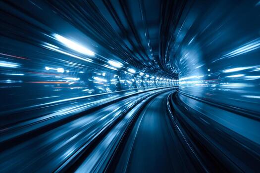 Futuristic high-speed tunnel with light streaks creating a dynamic motion effect photo