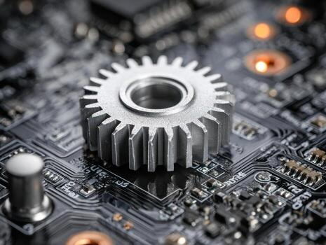 Close-up view of a metallic gear atop a computer motherboard, highlighting the intricate electronic components and circuitry used in modern technology systems photo
