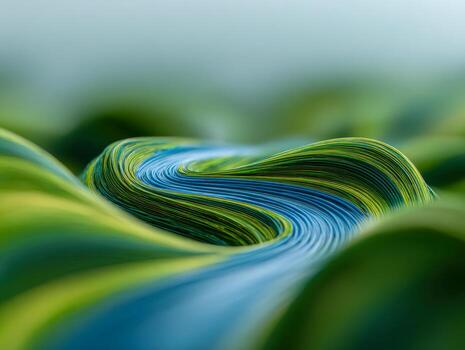 Abstract close-up of flowing green and blue curved lines creating an artistic and dynamic landscape-like pattern with smooth textures and depth photo