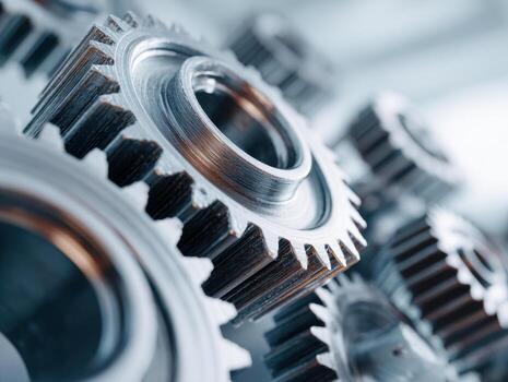 Detailed metallic industrial gears interlocking and rotating in a close-up view representing machinery and mechanical engineering concepts in a modern setting photo