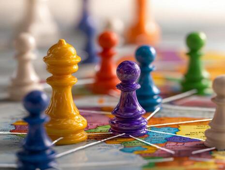 Strategic game pieces in vibrant colors placed on a detailed map with connecting lines representing planning and territorial control concepts in gameplay and strategy photo