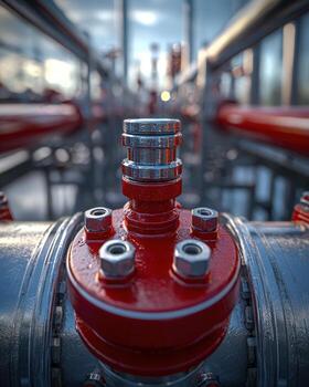 de cerca de un rojo fuego boca de aguas en un ciudad calle, con el urbano antecedentes borroso foto