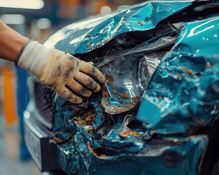 Close-up of a damaged blue car after a crash with a mechanic inspecting the wreckage photo