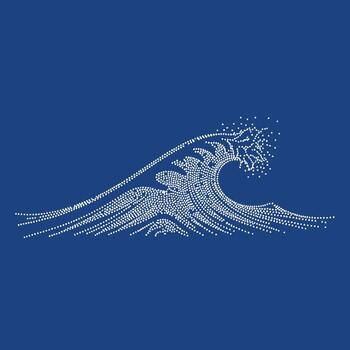 Stylized wave pattern created with small white dots on a deep blue , evoking a sense of movement and fluidity vector