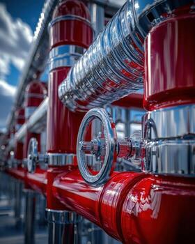 Close-up of a shiny red fire sprinkler system with metallic pipes and valves under a cloudy sky photo