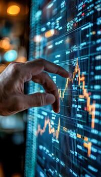 Hand analyzing digital stock market data on a computer screen photo