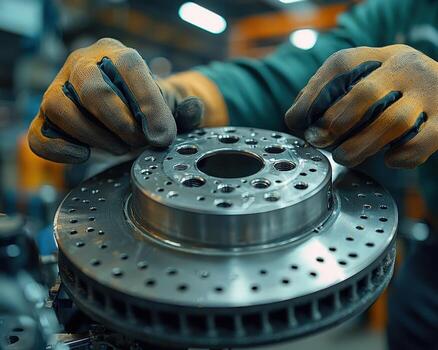 Precision assembly of a high-performance automotive brake rotor in a manufacturing facility photo