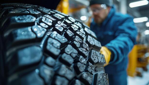 de cerca de un neumático siendo inspeccionado o reparado por un mecánico en un automotor taller foto