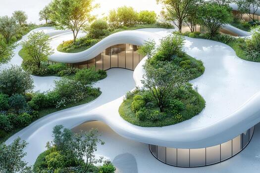 Modern eco-friendly building with flowing architecture integrated into lush greenery photo