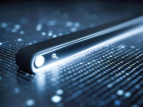 Futuristic search bar glowing in neon blue amidst streams of digital data and code representing advanced technology and internet exploration concepts photo