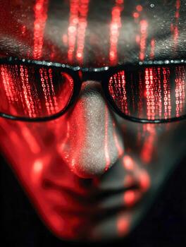 Close-up of a person wearing glasses with red digital binary code reflected on lenses creating a futuristic and cyber-themed visual effect on the face photo