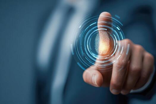 Businessman using biometric fingerprint scanning technology for secure digital identification and access control in a futuristic security system photo