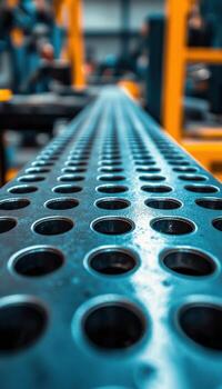 Close-up of a perforated metal surface in an industrial setting with blurred background photo