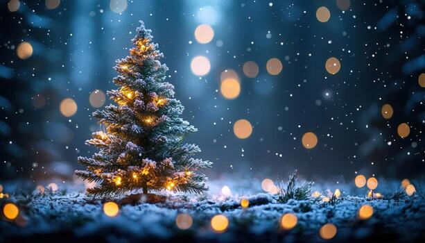 Festive snow-dusted Christmas tree with glowing lights and bokeh effect in a winter night scene photo
