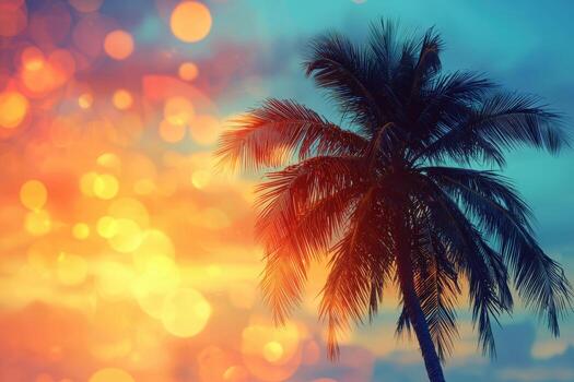 Tropical palm tree silhouette against colorful sunset with bokeh lights photo
