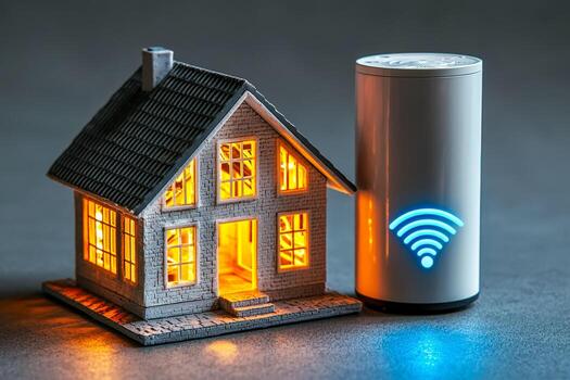 Miniature house with illuminated windows and a smart speaker with Wi-Fi icon on dark background photo