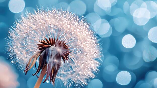 de cerca de un diente de león semilla cabeza con espumoso gotas de rocío en un suave azul bokeh antecedentes foto
