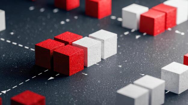 Red and white cubes arranged on a dark grid surface representing data visualization and strategic planning with clear division and arrow indicators for direction guidance photo