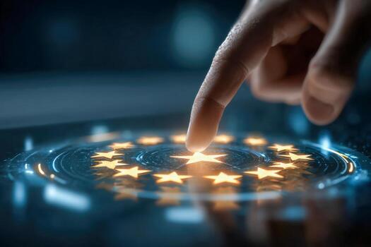 Human finger interacting with a futuristic digital interface displaying glowing stars in a circular pattern representing ratings and quality assessment technology concept photo