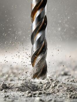 Powerful metallic drill bit breaking through dusty surface with flying debris creating dynamic dust particles in an intense industrial action scene photo