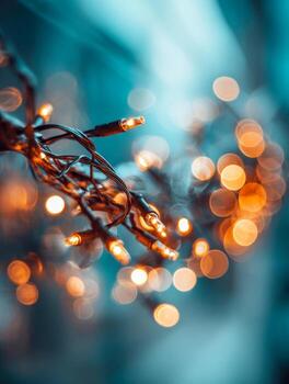 de cerca de calentar brillante cuerda luces con bokeh efecto creando un acogedor festivo ambiente en contra un frio azul borroso antecedentes foto