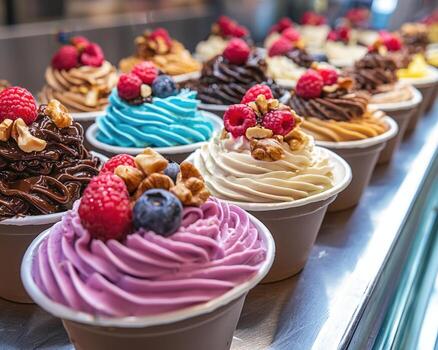 Assorted frozen yogurt parfaits topped with fresh berries, nuts, and chocolate drizzle photo