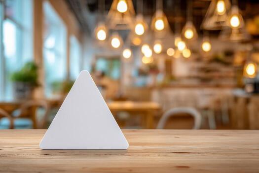 Blank white triangular table tent standing on wooden surface with warm hanging lights and cozy interior blurred in the background at a rustic cafe setting photo