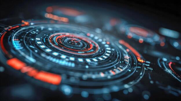 Futuristic digital interface with glowing concentric circles and dynamic visual effects illustrating advanced technology and immersive user experience photo