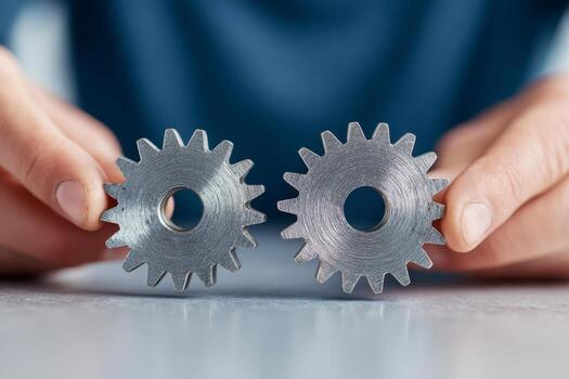 Person holding two interlocking metallic gears representing mechanical engineering teamwork and precision in industrial machinery concepts on a white surface photo