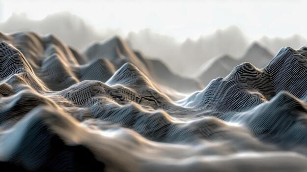 Abstract futuristic mountain landscape created with flowing layered lines and soft lighting, evoking a sense of depth and dynamic terrain in a surreal environment photo