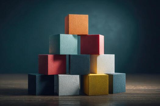 Pyramid stack of colorful textured cubes arranged on wooden surface against dark background symbolizing balance and structure in creativity and design concepts photo