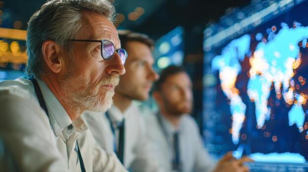 Focused team of cybersecurity analysts monitoring global digital threats and incidents on a world map display in a high-tech control room environment photo