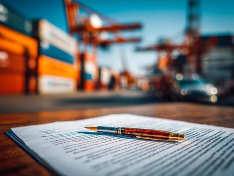 A close-up view of a pen resting on a document placed on a wooden surface in an industrial port setting with colorful shipping containers and a blurred vehicle in the background photo