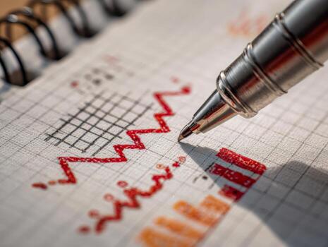 Graph paper with hand-drawn red and orange charts and diagrams being annotated with a metal pen tip reflecting light in a close-up creative business planning scenario photo