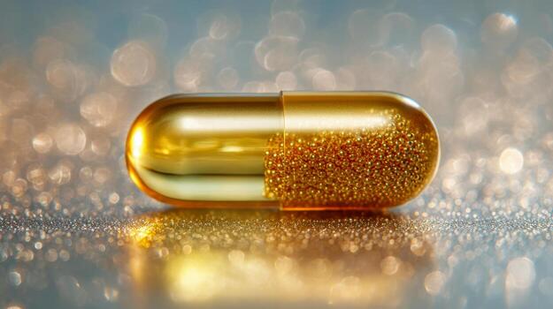 Shiny golden capsule filled with tiny beads glowing under soft light creating a dreamy bokeh effect on a reflective surface with smooth metallic hues photo