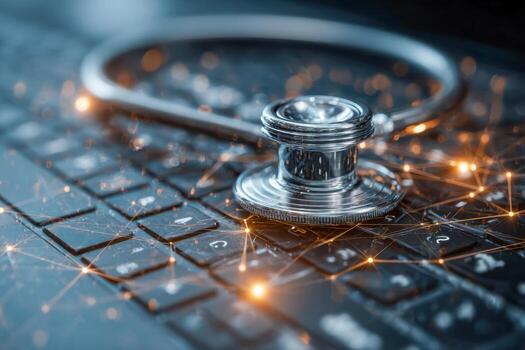 Close-up of a stethoscope resting on a computer keyboard with glowing digital network connections illustrating healthcare technology and medical data integration photo