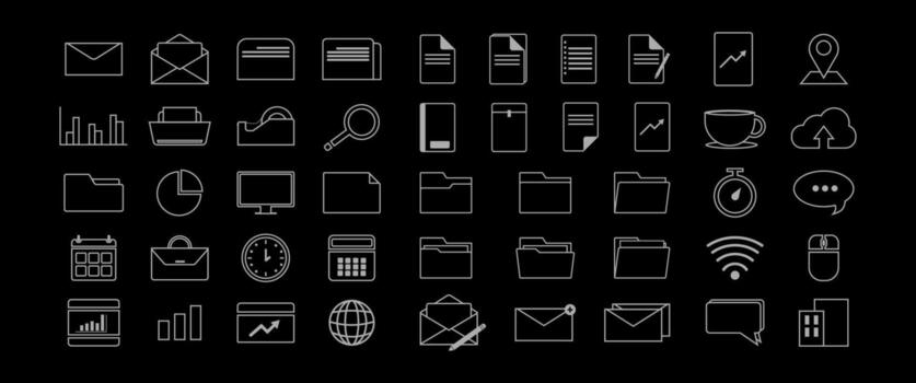 Dark Interface Business Icon Set with Minimal Outline Style for Corporate, Office, and Digital Dashboard Projects in Modern Design Theme vector
