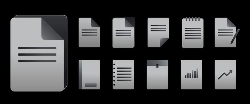 Dark Interface Document Illustration Set Featuring Modern Metallic Gradient Paper Icons for Office, Business, and Digital File Management Projects vector