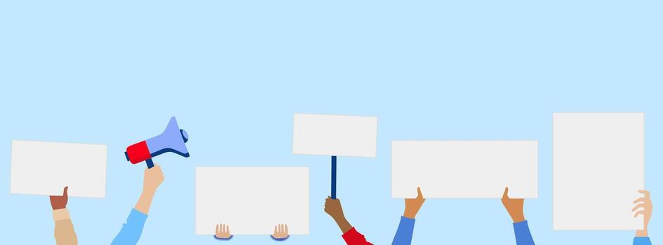 Set with hands holding blank paper sheet, empty signs , megaphone. For message, slogan or advertisement illustration. Cartoon flat vector