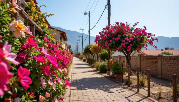 a deserted street lined with colorful blooms, sunlight highlighting petals, soft wind swaying them in peaceful harmony. photo