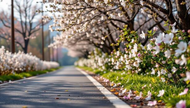 lonely asphalt road with blossoming flowers on both sides, gentle wind rustling leaves and petals softly. photo