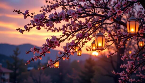 glowing lanterns sway lightly in a flowering tree at sunset, tranquil and magical, no humans or animals. photo